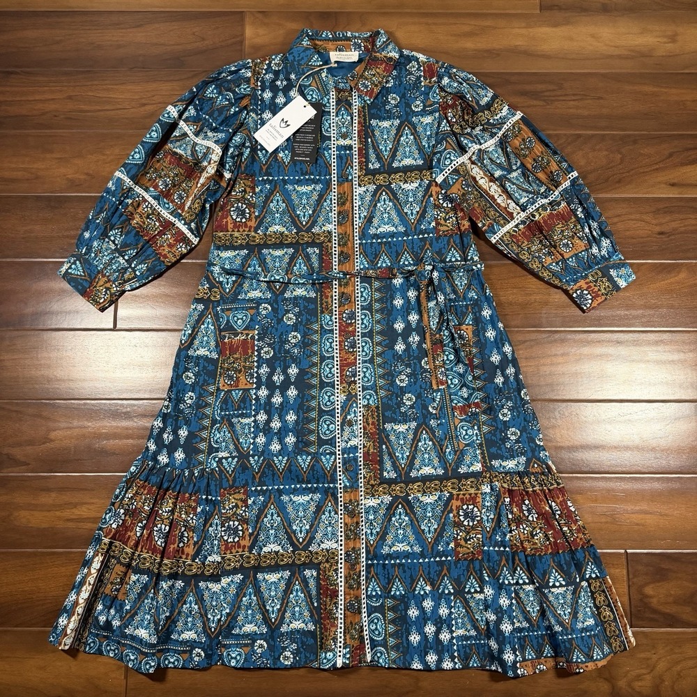 Talisman Women's Size XS Sicilian Patchwork Castella Shirt Midi Dress